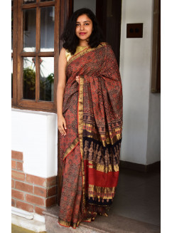 Red, Handloom Handwoven Organic Cotton, Plain Weave , Natural dye, Hand block printed, Occasion Wear, Jari, Ajrakh Saree